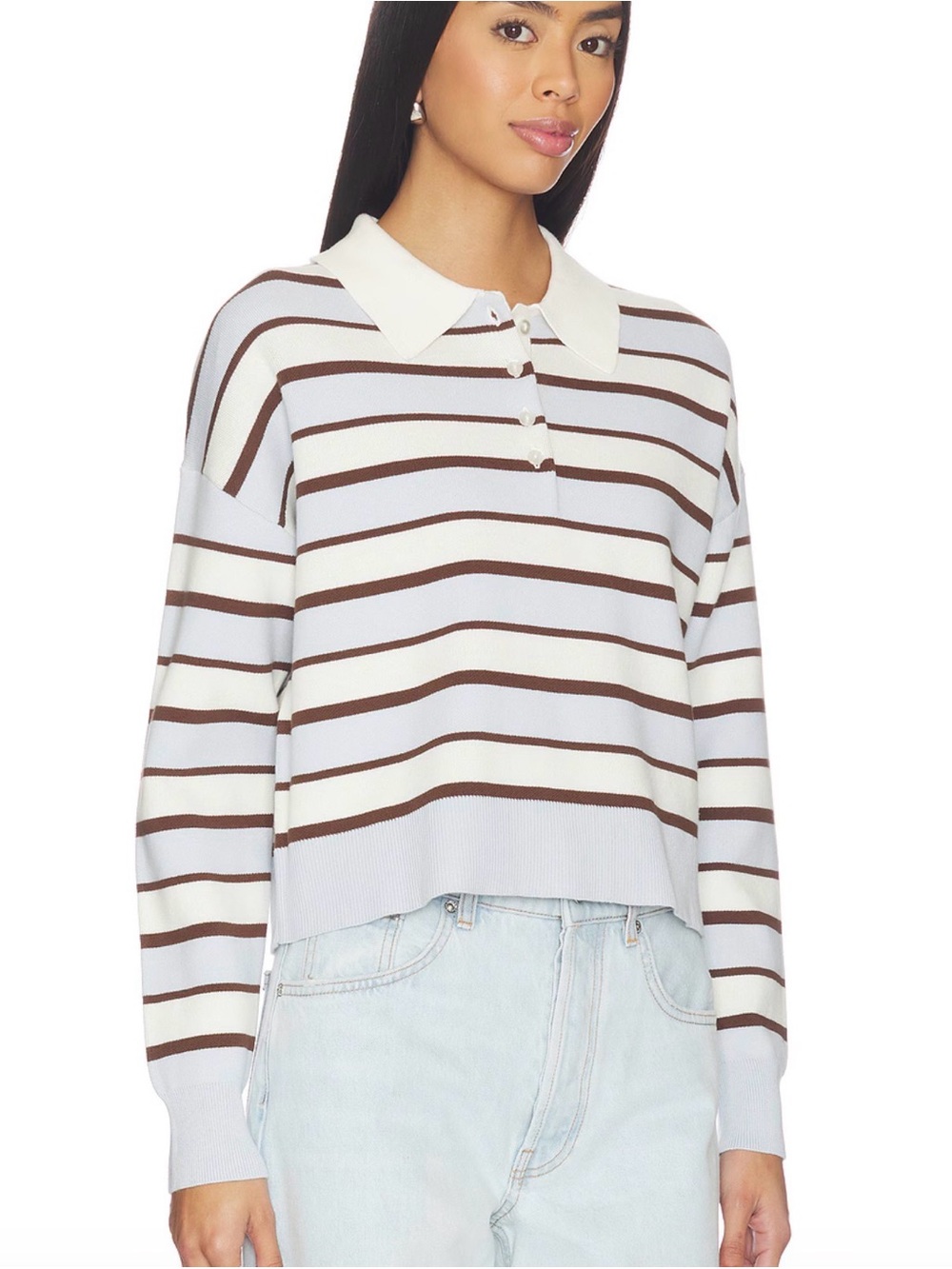 525 America Striped Polo Sweater in Light Blue, Brown, and Cream - Picture 2 of 4